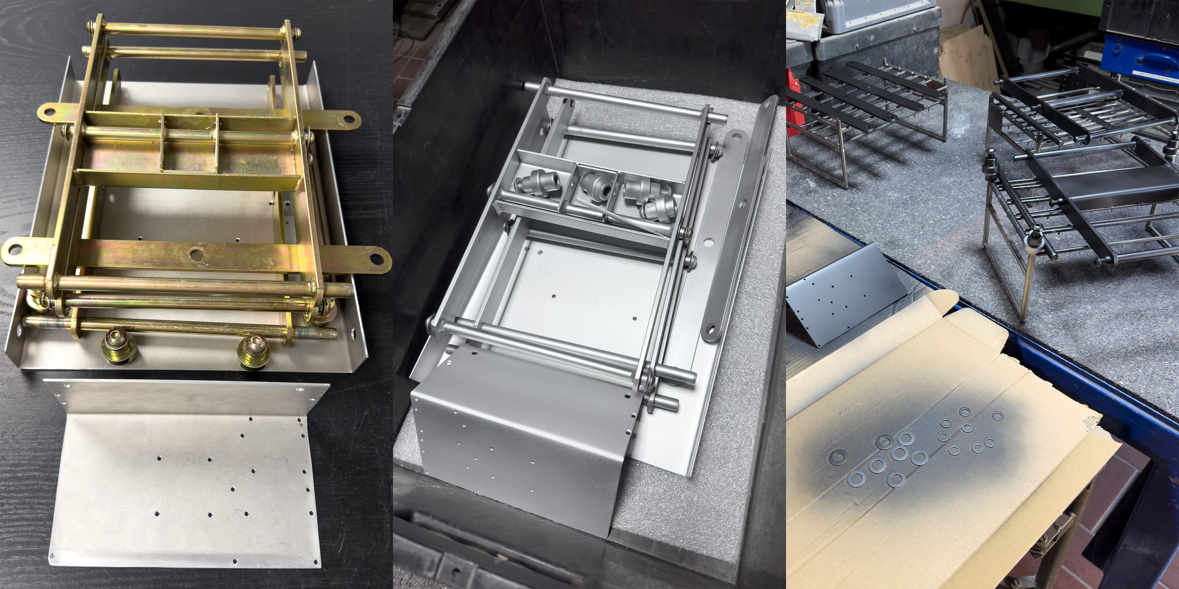 disassembled lift, sandblasted parts, black coated