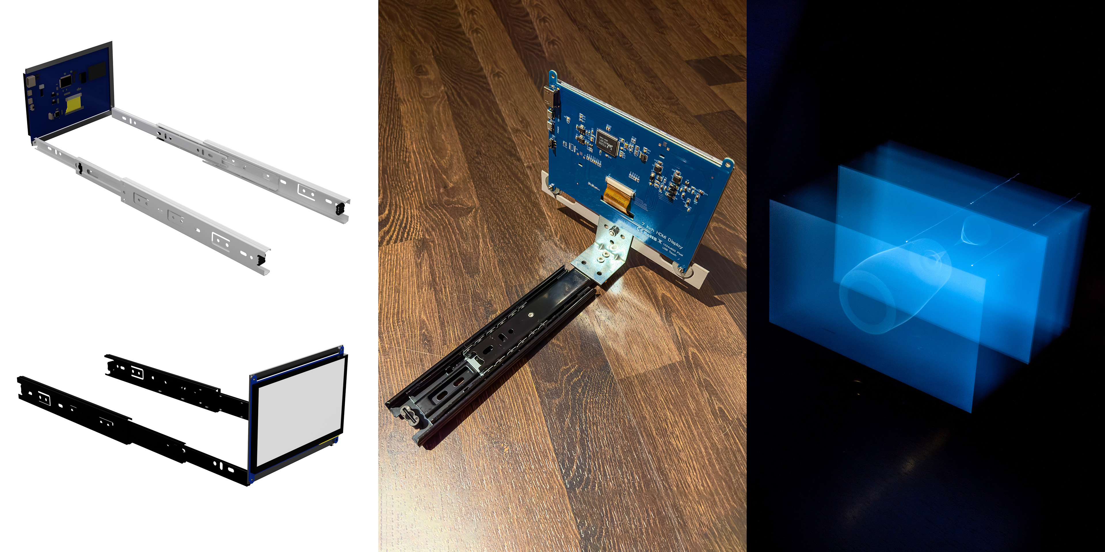 Raspberry Pi display mounted on ball-bearing sliders