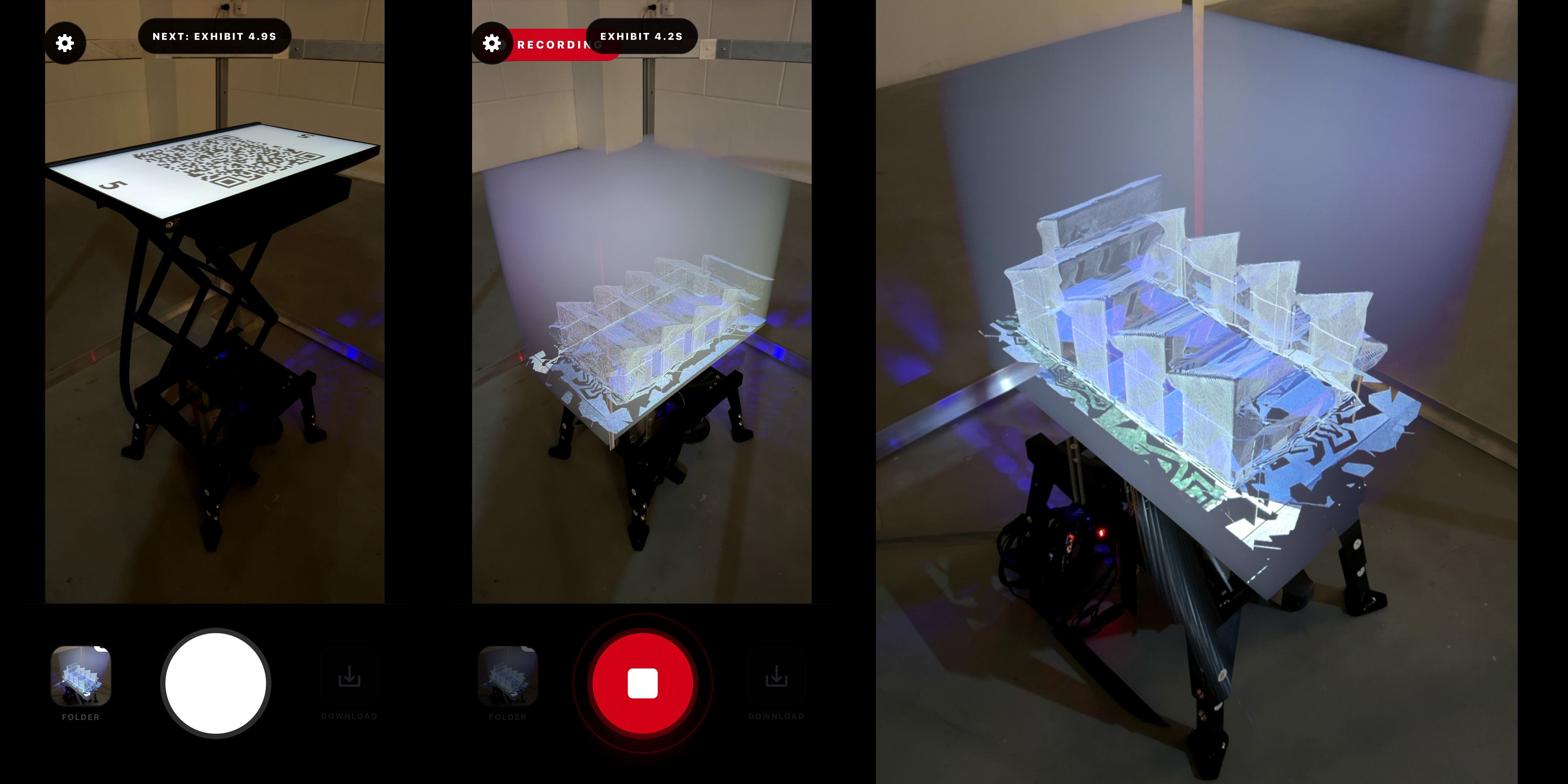 UI of the camera app during a long exposure of the exhibition building