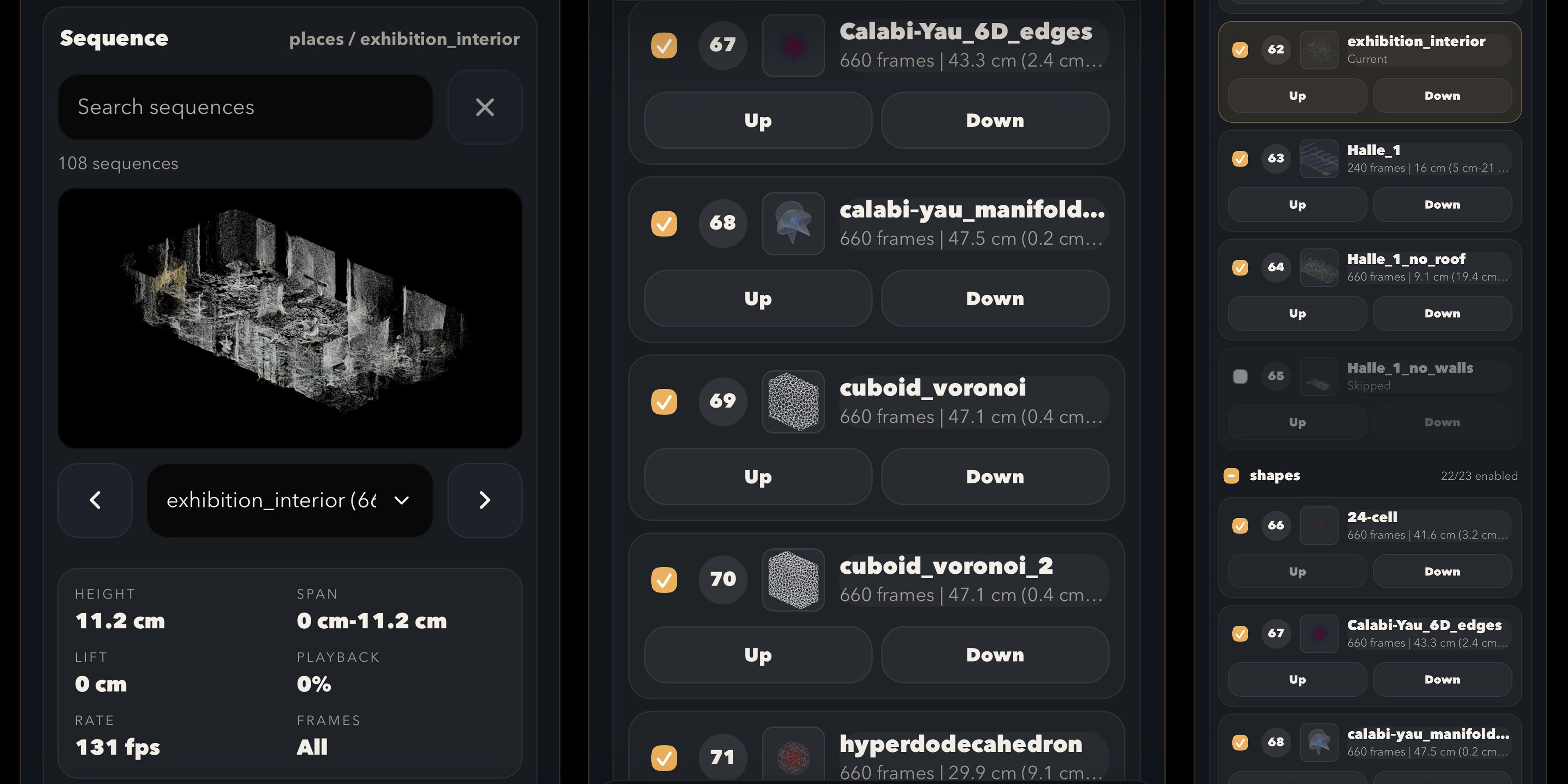 UI of the controller app, showing sequence and timeline section